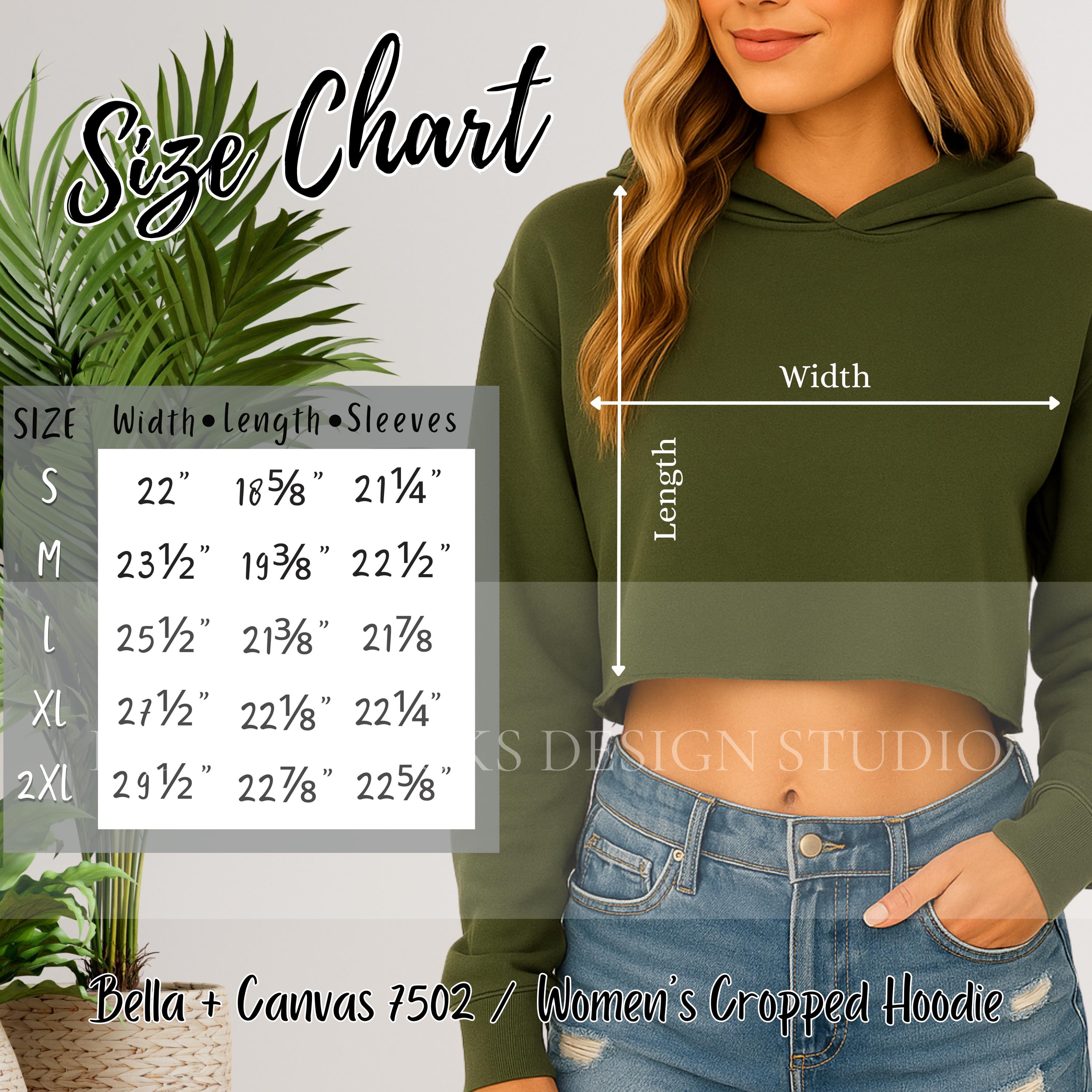 Bella Canvas 7502 Size Chart, Cropped Hoodie Size Guide, Trendy BC 7502 Cropped Fleece Hoodie Mockup, BC7502 Crop Top Measurement Chart
