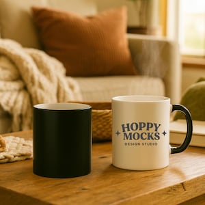 May include: Two ceramic mugs on a wooden table. One mug is black, the other is white with a black handle and the text "HOPPY MOCKS DESIGN STUDIO" in blue. Steam rises from the white mug, suggesting a hot beverage.