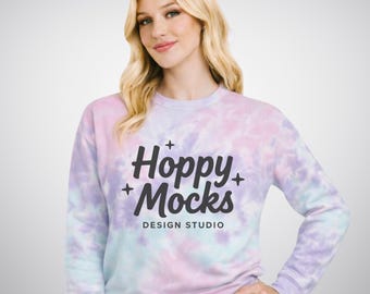 Colortone 8100 Cotton Candy Sweatshirt Mockup • Pastel Tie Dye Sweatshirt • Trendy Pullover • Female Model • Minimalist Studio Mockup