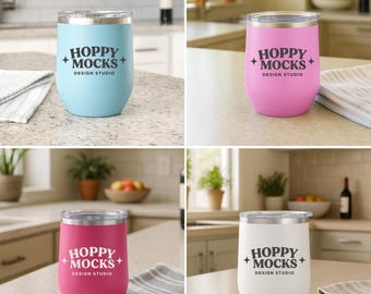 12oz Wine Tumbler Mockup Bundle • Stainless Steel Stemless Cups • Minimalist Lifestyle Mockups • Light Blue • Light Purple • Pink • White