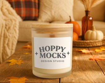 Frosted Glass Candle 11oz Mockup • Frosted Soy Candle Mockup • Fall Candle Mockup • Wood Lid Candle Template • Printify Candle Mockup