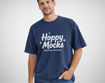 Comfort Colors 1717 True Navy T-Shirt Mockup • CC1717 Garment Dyed Tee • Male Model Shirt Mockup • Minimal Studio