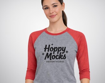 Next Level 6051 Raglan Mockup • Vintage Red / Premium Heather • NL6051 3/4 Sleeve Baseball Tee • Female Model • Minimalist Studio Mockup