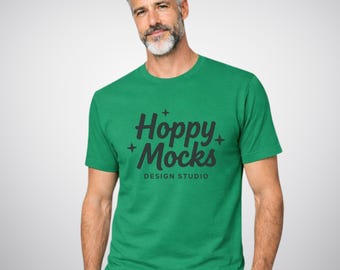 Bella Canvas 3001 Kelly Green T-Shirt Mockup • Minimalist Studio Mockup • Male Model • BONUS Size Chart Included