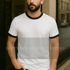 Next Level 3604 Ringer Mockup, Simple White / Black Mockup, NL3604 Ringer Tee Lifestyle Mockup, Male Model NL 3604 Mockup For Printify POD