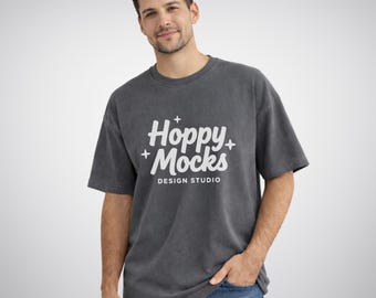 Comfort Colors 1717 Pepper T-Shirt Mockup • CC1717 Garment Dyed Tee • Male Model Shirt Mockup • Minimal Studio