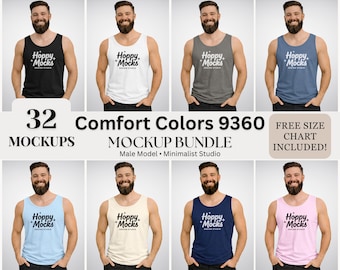 Comfort Colors 9360 Tank Top Mockup Bundle • 32 Color Vintage Garment-Dyed Tanks • Men’s CC9360 Male Model • Minimalist Studio