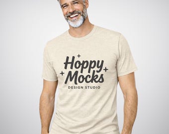 Bella Canvas 3001 Heather Prism Natural T-Shirt Mockup • Minimalist Studio Mockup • Male Model • BONUS Size Chart Included