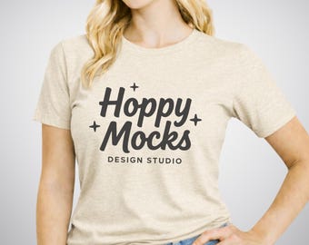 Bella Canvas 3001 Heather Prism Natural T-Shirt Mockup • Minimalist Studio Mockup • Female Model • BONUS Size Chart Included