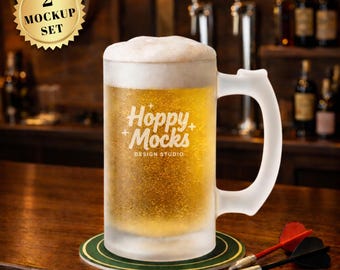 Frosted Glass Beer Mug Mockup Set • 16oz Glass Beer Mug • 2 JPG Files • Empty and Filled Mug Mockup • Printify Frosted Beer Mug Mockup