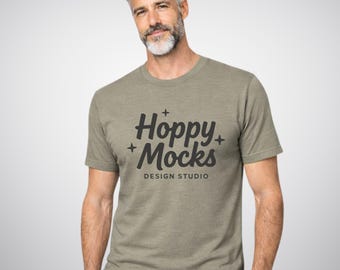 Bella Canvas 3001 Heather Stone T-Shirt Mockup • Minimalist Studio Mockup • Male Model • BONUS Size Chart Included