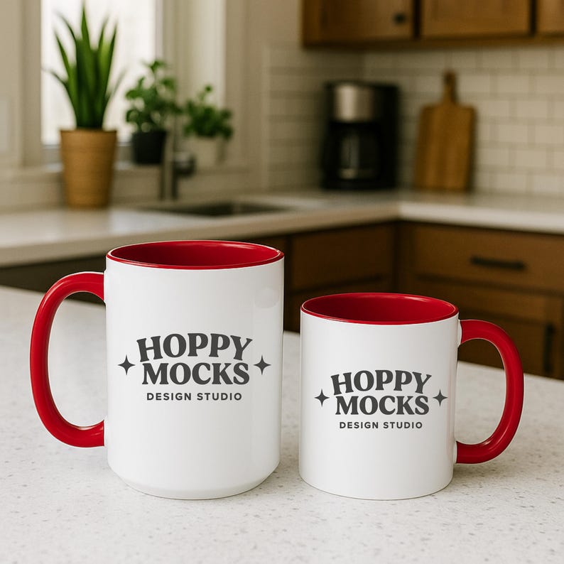 May include: Two white ceramic mugs with red interiors and handles. The larger mug is on the left, and the smaller mug is on the right. Both mugs have the text "HOPPY MOCKS DESIGN STUDIO" printed in gray.