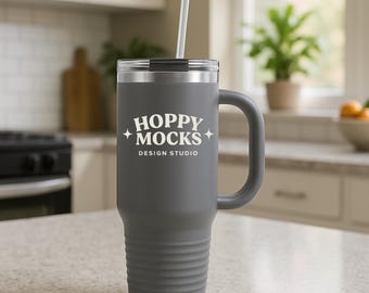 Printify 40oz Insulated Travel Mug Mockup • Dark Gray Polar Camel Tumbler with Handle Mockup • 40oz Travel Mug Mockup for Print on Demand