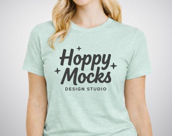 Bella Canvas 3001 Heather Prism Mint T-Shirt Mockup • Minimalist Studio Mockup • Female Model • BONUS Size Chart Included