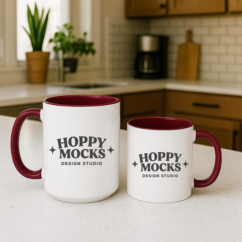 May include: Two white ceramic mugs with a burgundy interior and handle. The mugs have the text "HOPPY MOCKS DESIGN STUDIO" in black. One mug is larger than the other. The mugs are on a white countertop.