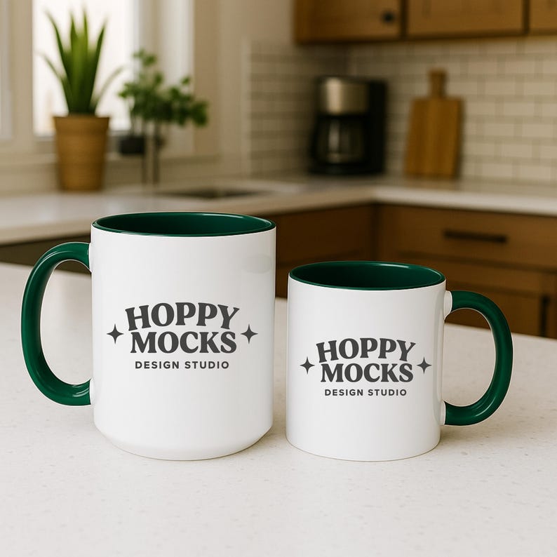 May include: Two white ceramic mugs with green interiors and handles. The larger mug has a capacity of approximately 15 ounces, while the smaller mug is about 11 ounces. Both mugs feature the text "HOPPY MOCKS DESIGN STUDIO" in a dark gray font.