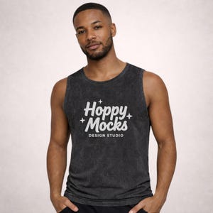 AS Colour 5039 Black Stone Tank Top Mockup • Men's Stone Wash Barnard Tank Mockup • Male Model • Minimalist Studio Mockup