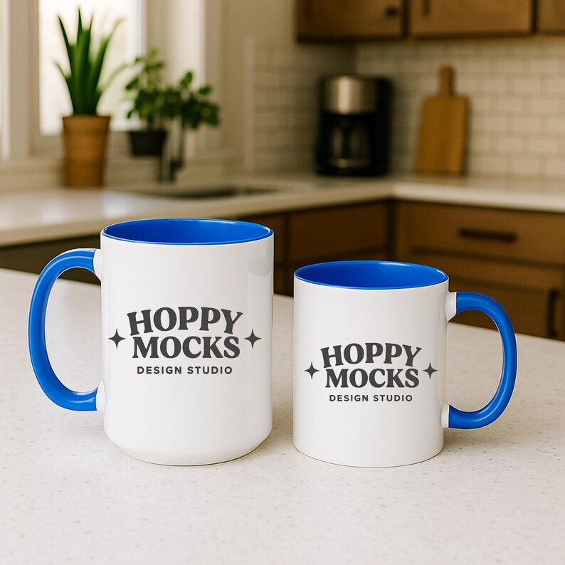 May include: Two white ceramic mugs with blue interiors and handles. The mugs have the text "HOPPY MOCKS DESIGN STUDIO" printed in gray. One mug is larger than the other. The mugs are on a white countertop.