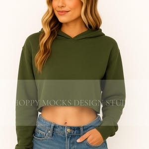 Bella Canvas 7502 Military Green Mock-up, Y2K Women&#39;s Cropped Fleece Hoodie Mock Up, Trendy Minimalist Mock-Up, BC7502 Simple Studio Mockup