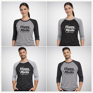 Next Level 6051 Raglan Mockup-bundel • NL6051 Baseball-T-shirt met 3/4-mouwen • Modellen voor heren en dames • Minimalistische studioset