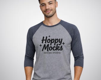 Next Level 6051 Raglan Mockup • Vintage Navy / Premium Heather • NL6051 3/4 Sleeve Baseball Tee • Male Model • Minimalist Studio Mockup