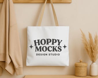 AOP Tote Bag Mockup • White All Over Print Tote Bag • Beige Handles •  Boho Minimalist Tote Bag Mockup