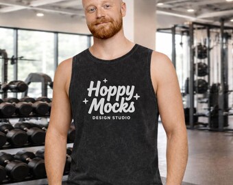 AS Colour 5039 Black Stone Tank Top Mockup • Men's Stone Wash Barnard Tank Mockup • Male Model • Modern Lifestyle Mockup