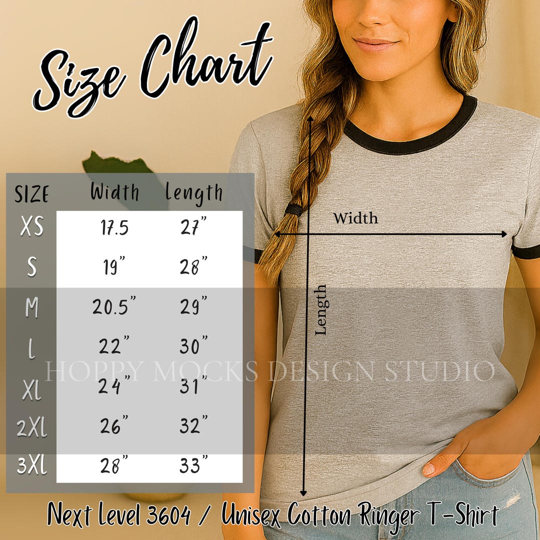 Next Level 3604 Size Chart, Ringer Shirt Mockup Size Guide, NL 3604 ...