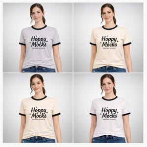 Next Level 3604 Ringer T-shirt mockupbundel • Vrouwelijk model • NL3604 Ringer-T-shirt • Minimalistische studiomodellen • BONUS-maattabel