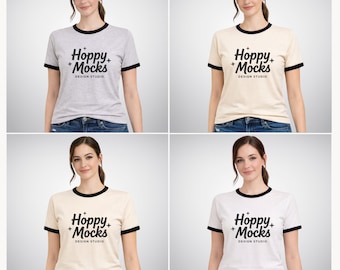 Next Level 3604 Ringer T-Shirt Mockup Bundle • Female Model • NL3604 Ringer Tee • Minimalist Studio Mockups • BONUS Size Chart