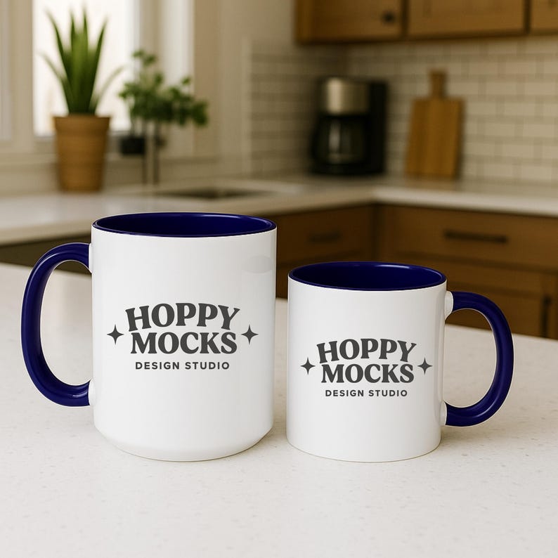 May include: Two white ceramic mugs with navy blue interiors and handles. The mugs have the text "HOPPY MOCKS DESIGN STUDIO" in gray. One mug is larger than the other, suggesting different sizes for beverages.