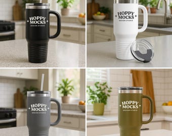 Paquete de maquetas de tazas de viaje con aislamiento de 40 oz de Printify • Vasos polares en negro, blanco, gris hierro y verde oliva • 4 maquetas de tazas de viaje para POD