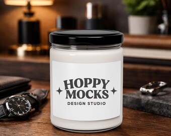9oz Soy Candle Mockup • Lumient Glass Jar Candle • Black Lid • White Label • Masculine Lifestyle Scene • Printify Candle Mockup
