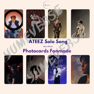 Peut inclure: Ensemble de huit photocartes fanmade rectangulaires avec des images des membres d'ATEEZ. Les cartes sont disposées en deux rangées. Le texte "ATEEZ Solo Song" et "Photocards Fanmade" est visible.