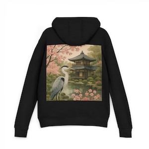 Hoodie - Heron, Japanese Garden, Men&#39;s Women&#39;s Pullover Sweatshirt, Cozy Japanese Bird Hooded Jacket, Nature, birthday, for him, for her