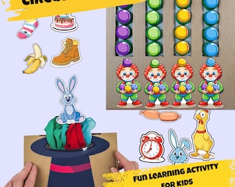 Circus Games Bundle 2 in 1, Magician Hat and Clown Color Sorting, Fine Motor Skills Activity, Preschool Printable PDF, Busy Book DIY