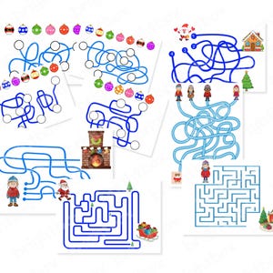 May include: A collection of Christmas-themed mazes on white paper. Each maze features blue lines, colorful ornaments, Santa Claus, and other holiday elements. The mazes vary in complexity and design, offering a fun activity.