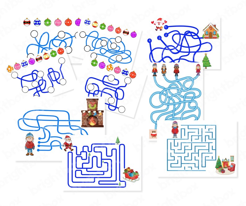 May include: A collection of Christmas-themed mazes on white paper. Each maze features blue lines, colorful ornaments, Santa Claus, and other holiday elements. The mazes vary in complexity and design, offering a fun activity.