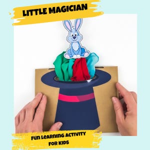 Könnte beinhalten: Ein Bastelset für Kinder mit einem blauen Zauberhut, einem roten und grünen Schal und einem Cartoon-Kaninchen. Die Wörter "LITTLE MAGICIAN" und "FUN LEARNING ACTIVITY FOR KIDS" sind auf dem Bild zu sehen.