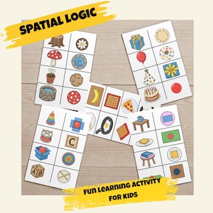 May include: Educational game cards with colorful illustrations. The cards feature various objects and shapes, including a mushroom, a birthday cake, and a red balloon. Text on the cards reads "SPATIAL LOGIC" and "FUN LEARNING ACTIVITY FOR KIDS".