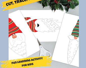 Christmas game for children, educational game, printable: 7 Dwarfs, 20 unique lines, tracing, coloring, cutting, fine motor skills, PDF A4/Letter