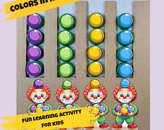 Follow the Colors Clown 1-Page Learning Game for Children, Color Matching, Color Sequences, Preschool, Kindergarten, Printable PDF A4 and Letter, PNG
