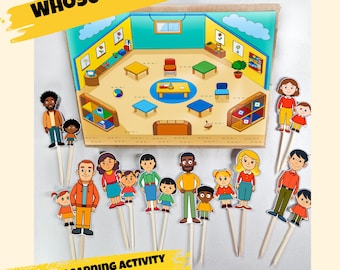 Parent and child matching game "Whose child?" Printable learning game for preschool and kindergarten. PDF A4, Letter and PNG files.