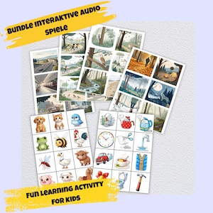 Könnte beinhalten: Eine Sammlung illustrierter Karten für Kinder mit Natur-, Tier- und Alltagsobjekten. Die Karten tragen die Texte "BUNDLE INTERACTIVE AUDIO SPIELE" und "FUN LEARNING ACTIVITY FOR KIDS" auf gelben Bannern.