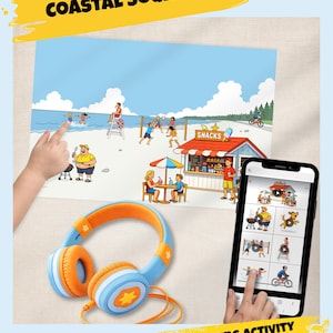 Könnte beinhalten: Ein Bild mit einer Strand-Szenen-Illustration, blau-orangenen Kopfhörern und einem Smartphone mit zugehörigen Bildern. Die Illustration enthält den Text "COASTAL SOUNDS" und "FUN LEARNING ACTIVITY FOR KIDS".