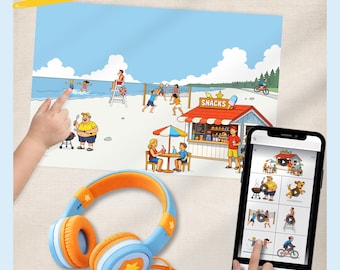Interactive audio game for children, Montessori game, beach, digital download, learning game, sound recognition, PDF, PNG, QR code, audio toy