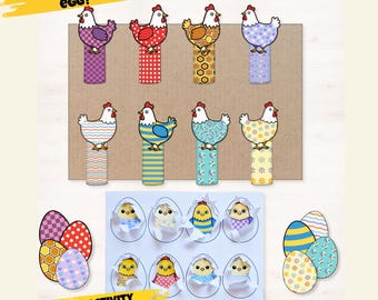 Easter crafts with children: Toilet paper roll upcycling template, chick and chicken matching game, Montessori learning game (PDF, PNG, A4, Letter, Digital)