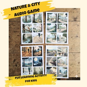 Può includere: Un set di carte illustrate con scene di natura e città, disposte su una superficie di legno. Le carte presentano immagini di foreste, fiumi, paesaggi urbani e fauna selvatica. Il testo sulle carte recita "NATURE & CITY AUDIO GAME" e "FUN LEARNING ACTIVITY FOR KIDS."