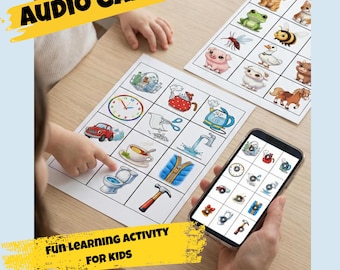 Audio learning game for toddlers, guessing sounds, Montessori game (PDF/PNG), QR code audio toy, digital download, language development