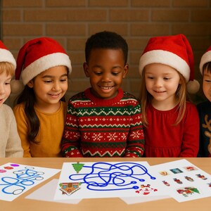 May include: Five children wearing Santa hats are gathered around a table, looking at Christmas-themed activity sheets. The sheets feature mazes and colorful illustrations of holiday objects. The children are dressed in sweaters and shirts in various colors.